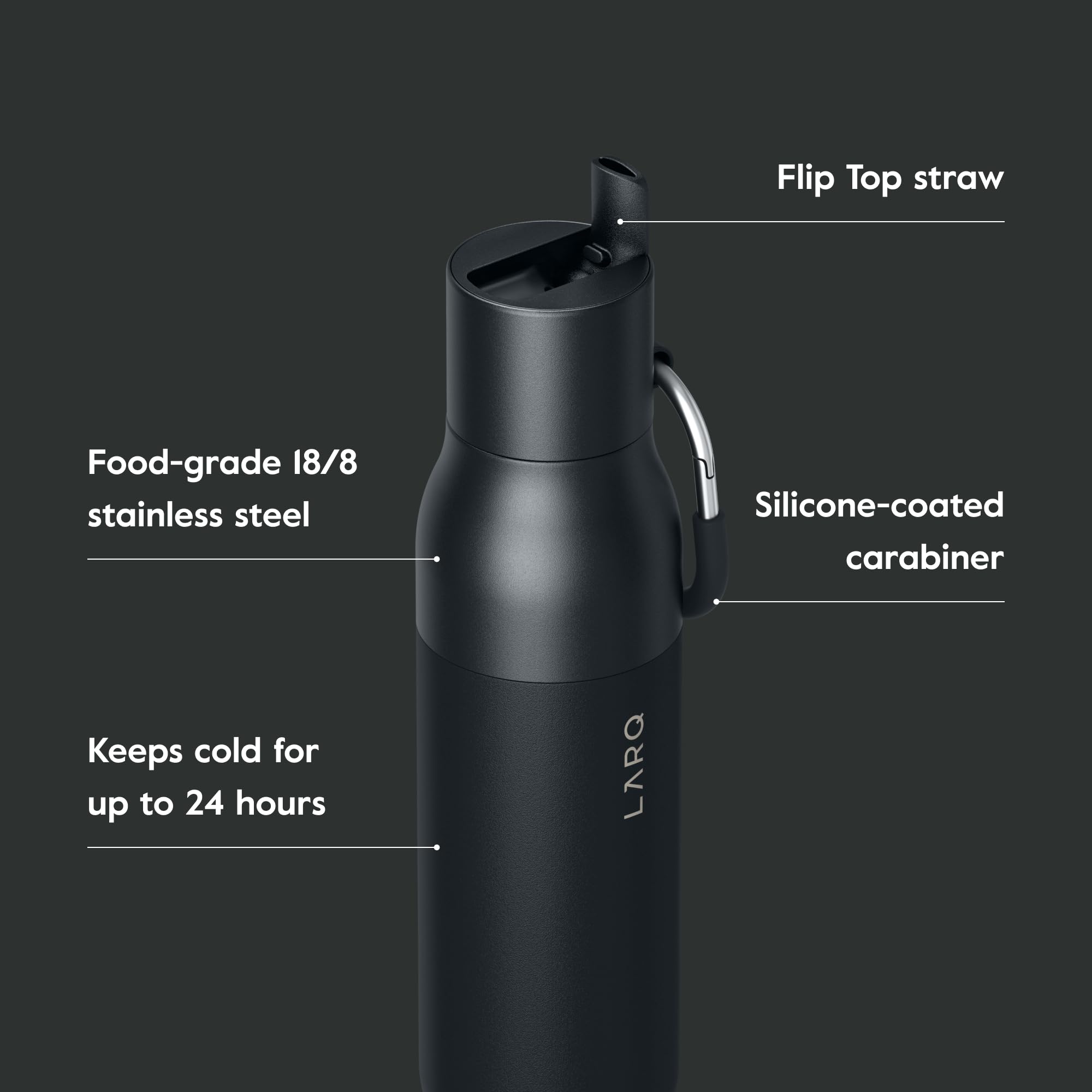LARQ Frost & Sip Gift Set: Flip Top Obsidian Black & Granite White 17oz Insulated Water Bottles with Straw & 2 x Limited Edition Travel Sleeve with Leather Strap - Image 3