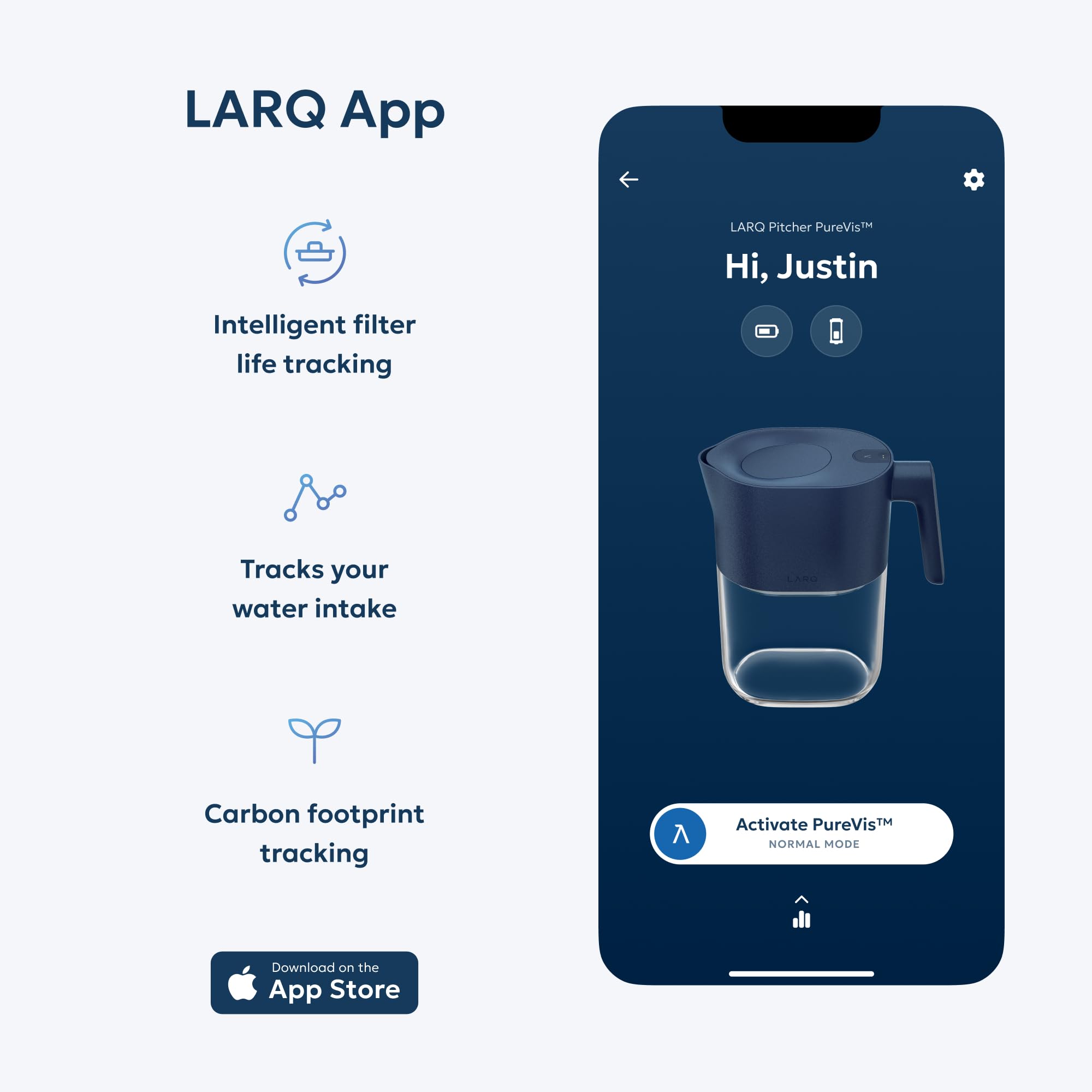 LARQ PureVis 3-in-1 Water Pitcher – Purifier, Filter & Tracking, 8-Cup Water Purifier Pitcher with Advanced Filter for Clean & Crisp Water – Removes Chlorine, PFAS, Lead & More – Monaco Blue - Image 6